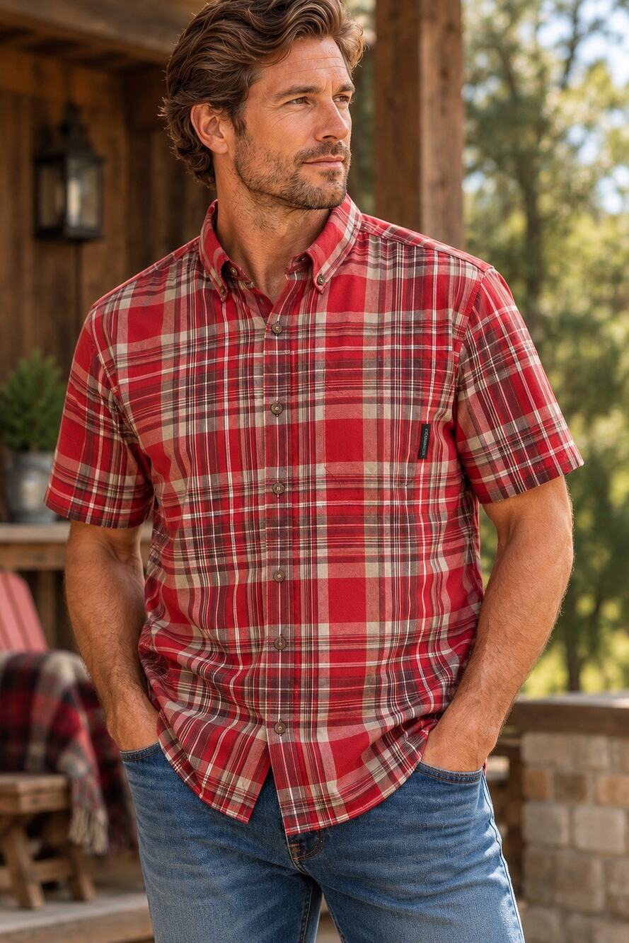 Columbia Rapid Rivers II Mens L Red Plaid Stretch Cotton Shirt Regular Fit